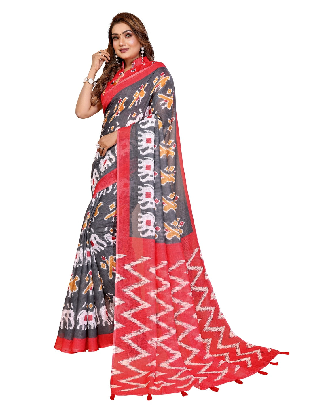 Peachmode Pink Soft Linen Cotton Printed Saree - Image 18