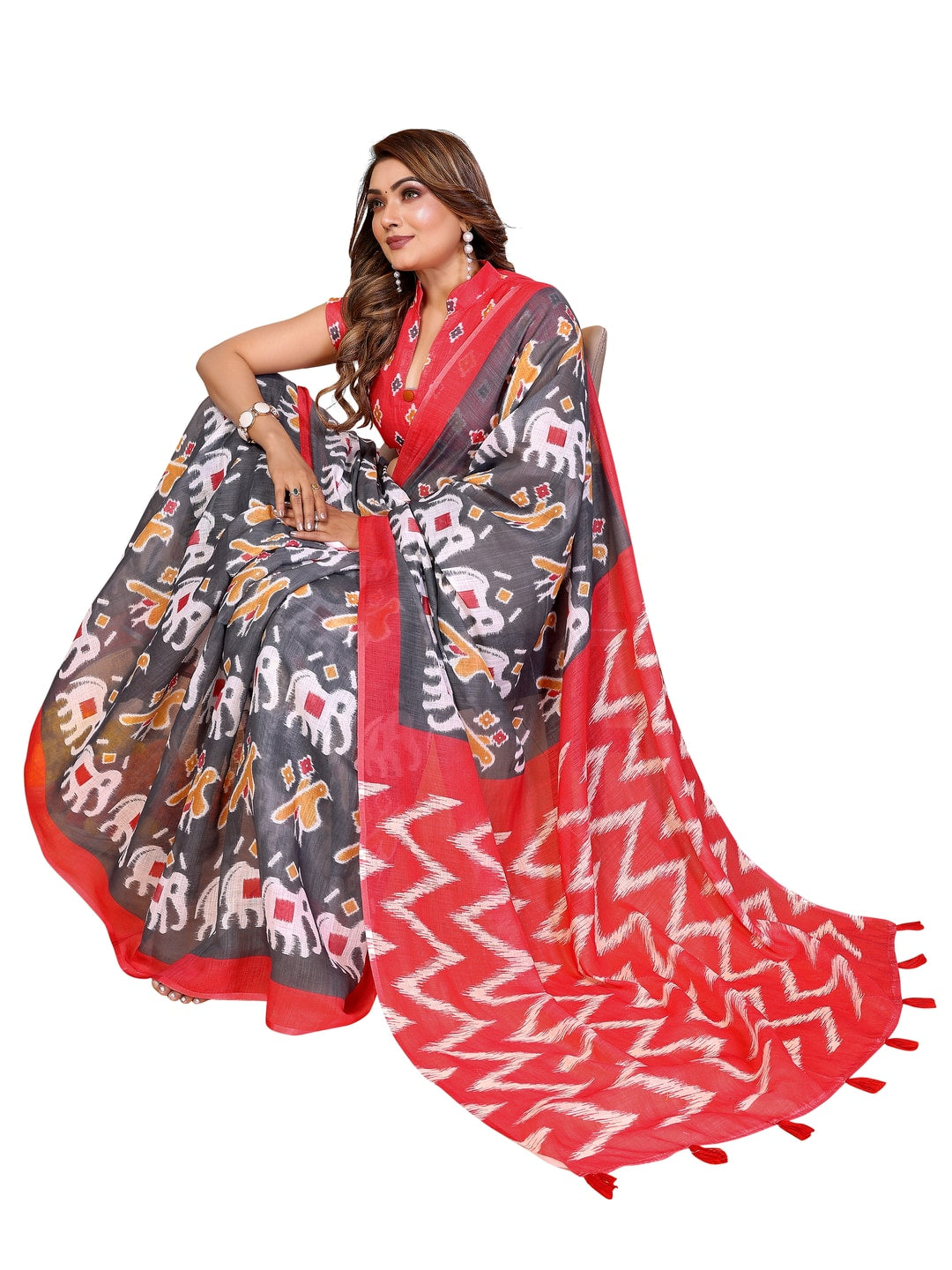 Peachmode Pink Soft Linen Cotton Printed Saree - Image 21