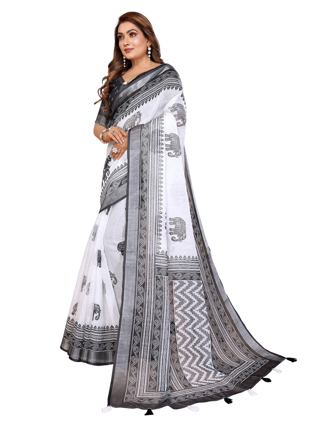 Peachmode Black Soft Linen Cotton Printed Saree - Image 18