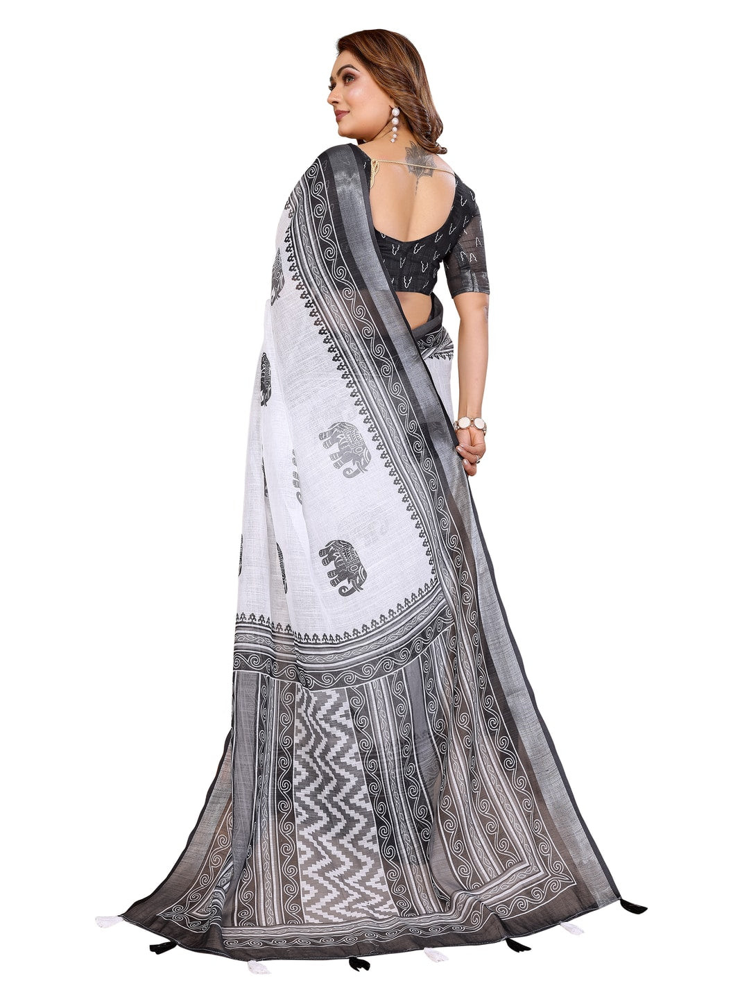 Peachmode Black Soft Linen Cotton Printed Saree - Image 19