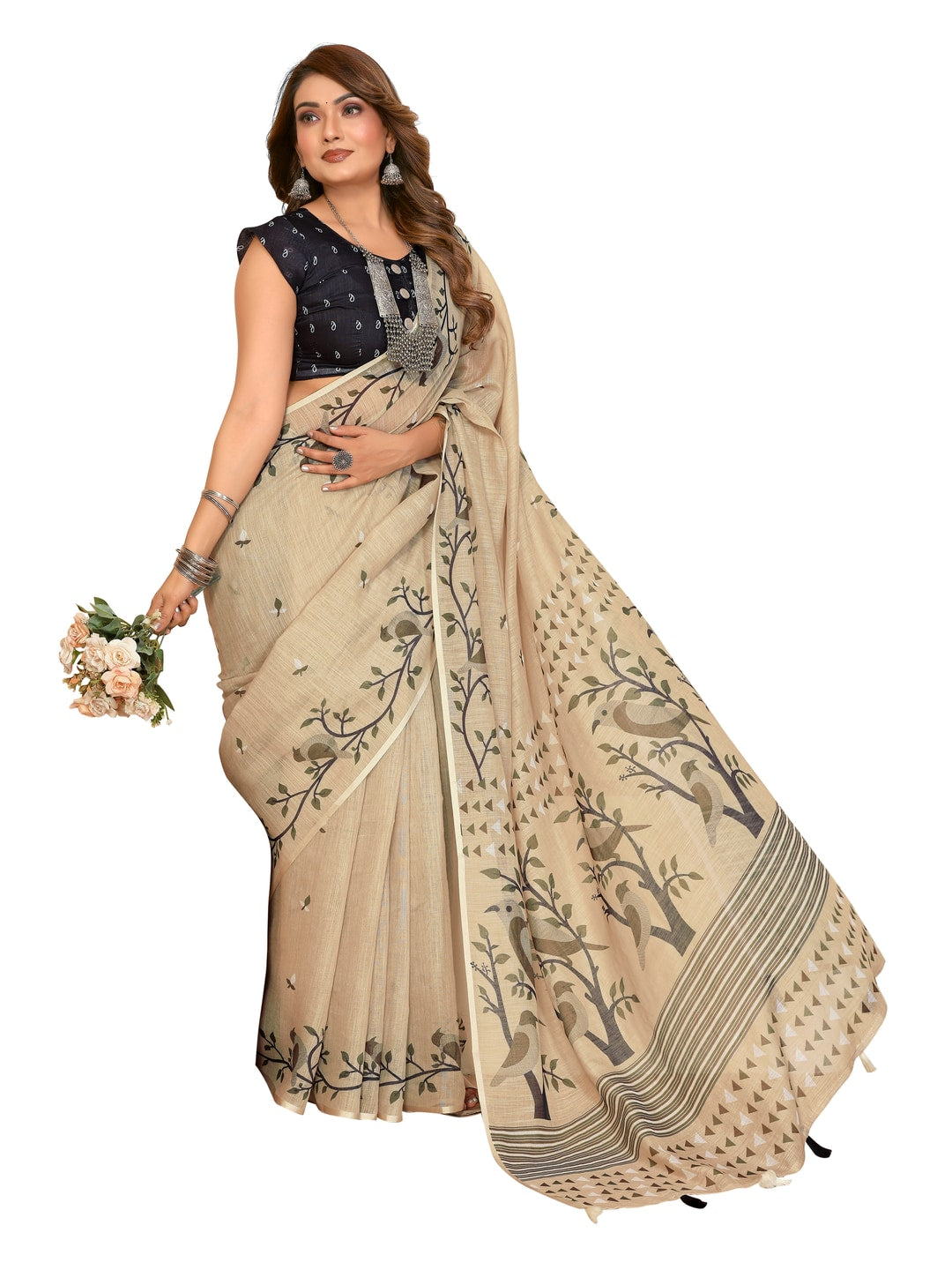 Peachmode Wine Soft Linen Cotton Printed Saree - Image 18