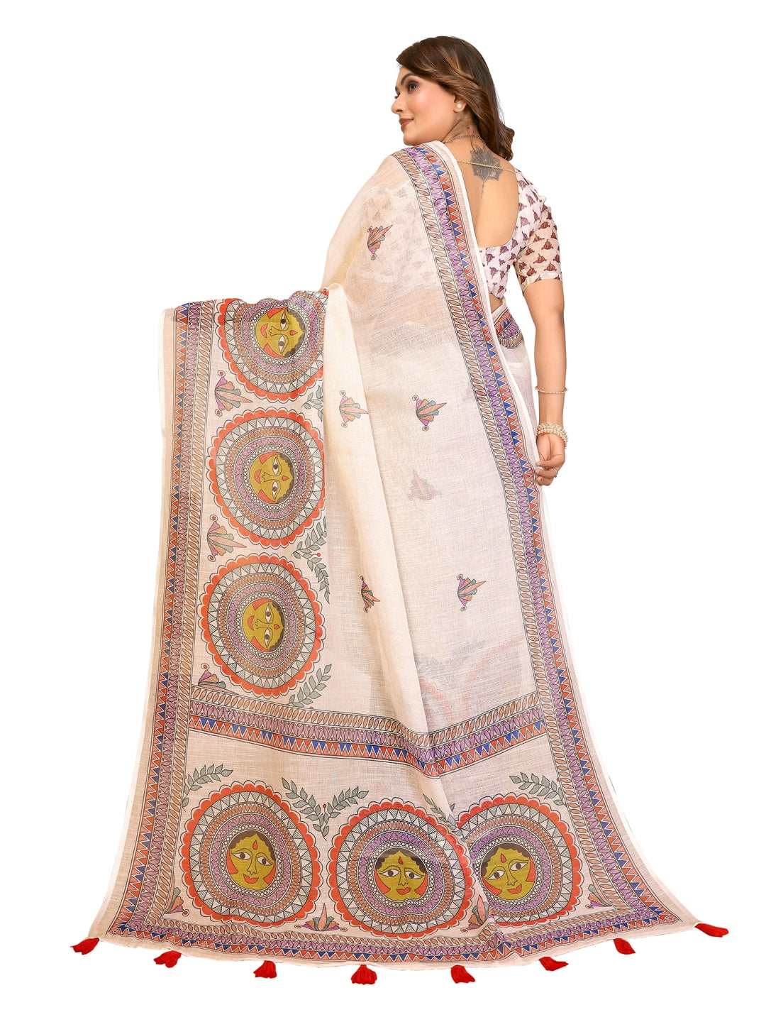 Peachmode Green Soft Linen Cotton Printed Saree - Image 17