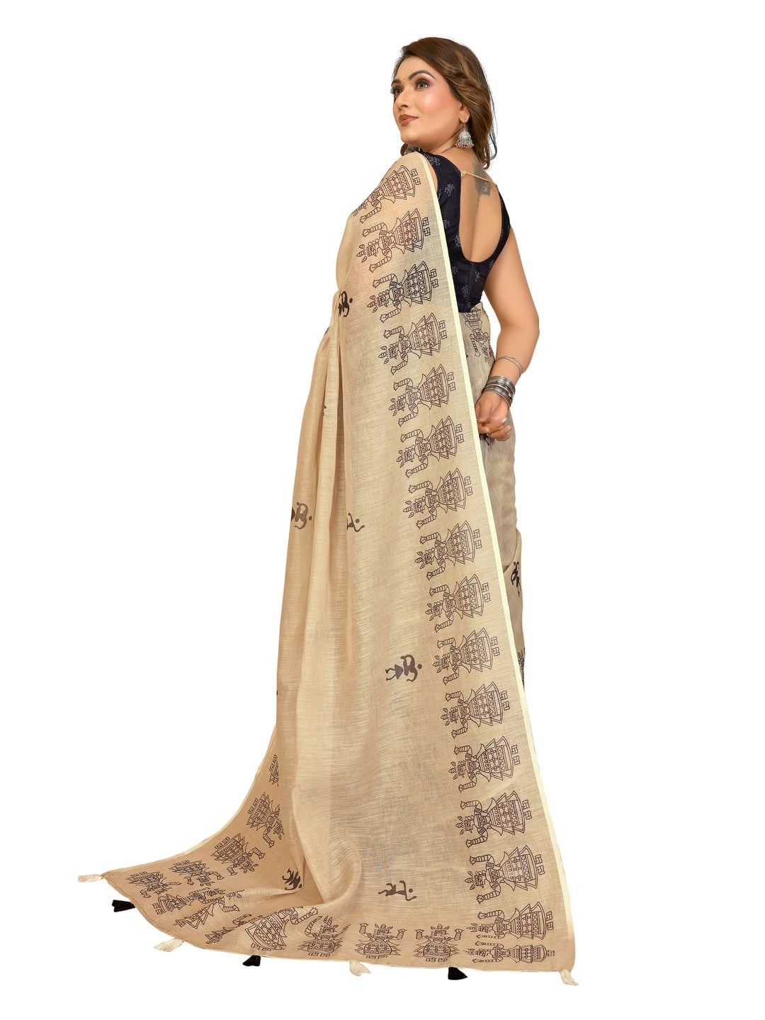 Peachmode Pink Soft Linen Cotton Printed Saree - Image 17