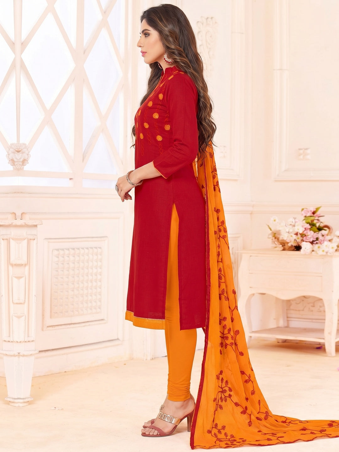 Glowing Red Colored Embroidered Cotton Dress Material - Image 2