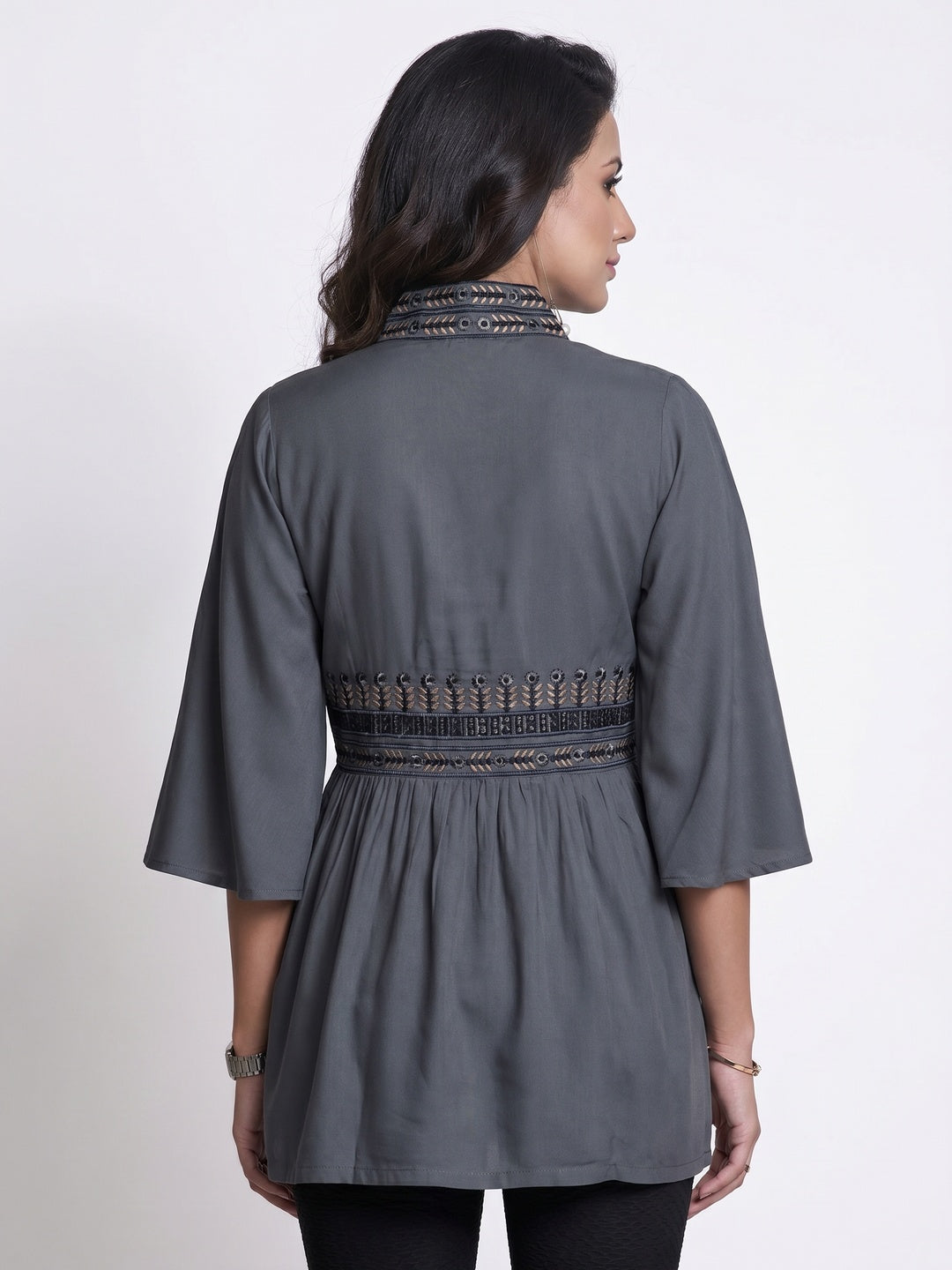 Captivating Dark Gray Colored Partywear Embroidered Rayon Western Top - Image 2
