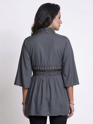 Captivating Dark Gray Colored Partywear Embroidered Rayon Western Top - Image 2