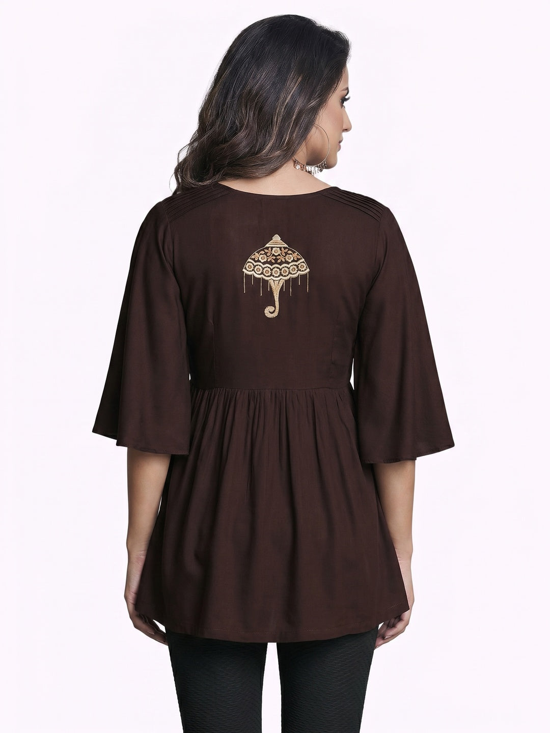 Prominent Dark Brown Colored Partywear Embroidered Rayon Western Top - Image 1