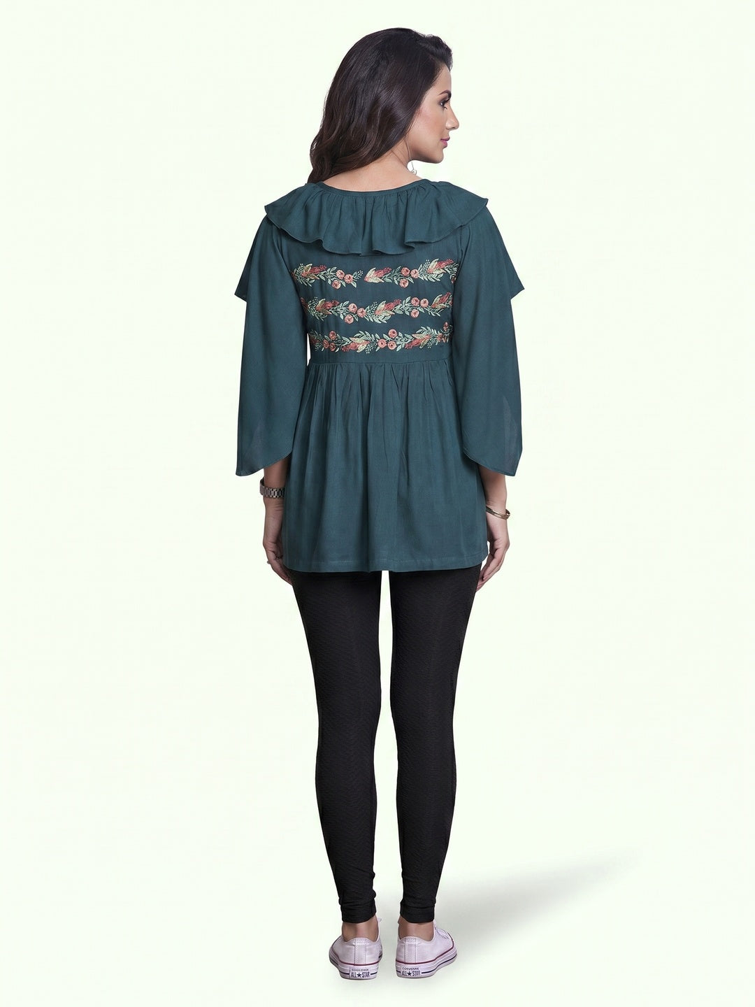 Pleasant Teal Green Colored Partywear Embroidered Rayon Western Top - Image 1
