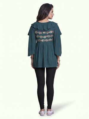 Pleasant Teal Green Colored Partywear Embroidered Rayon Western Top - Image 1