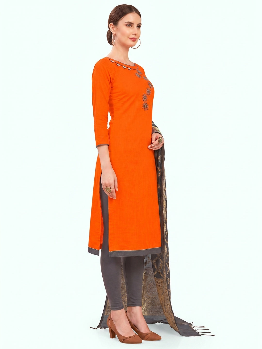 Arresting Orange Colored Casual Wear Embroidered Cotton Dress Material With Banarasi Silk Dupatta - Image 1