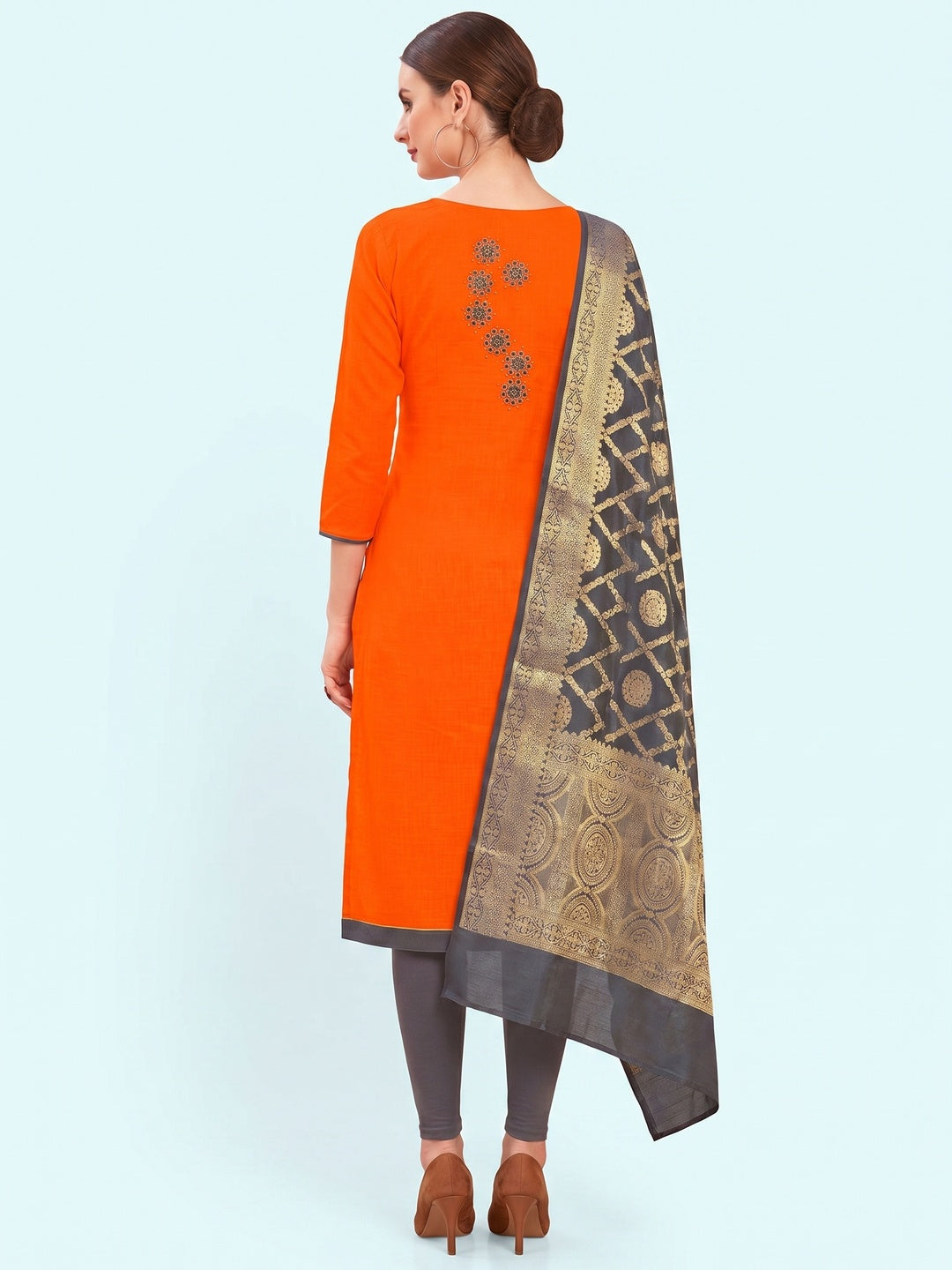 Arresting Orange Colored Casual Wear Embroidered Cotton Dress Material With Banarasi Silk Dupatta - Image 2