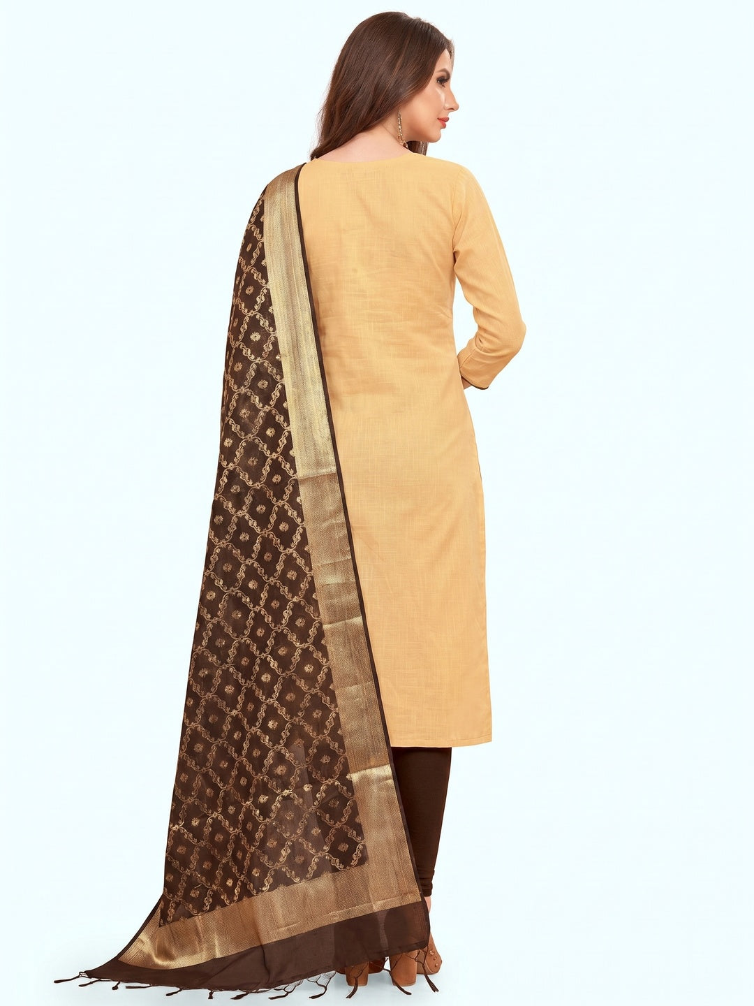 Glowing Beige Colored Casual Wear Embroidered Cotton Dress Material With Banarasi Silk Dupatta - Image 1