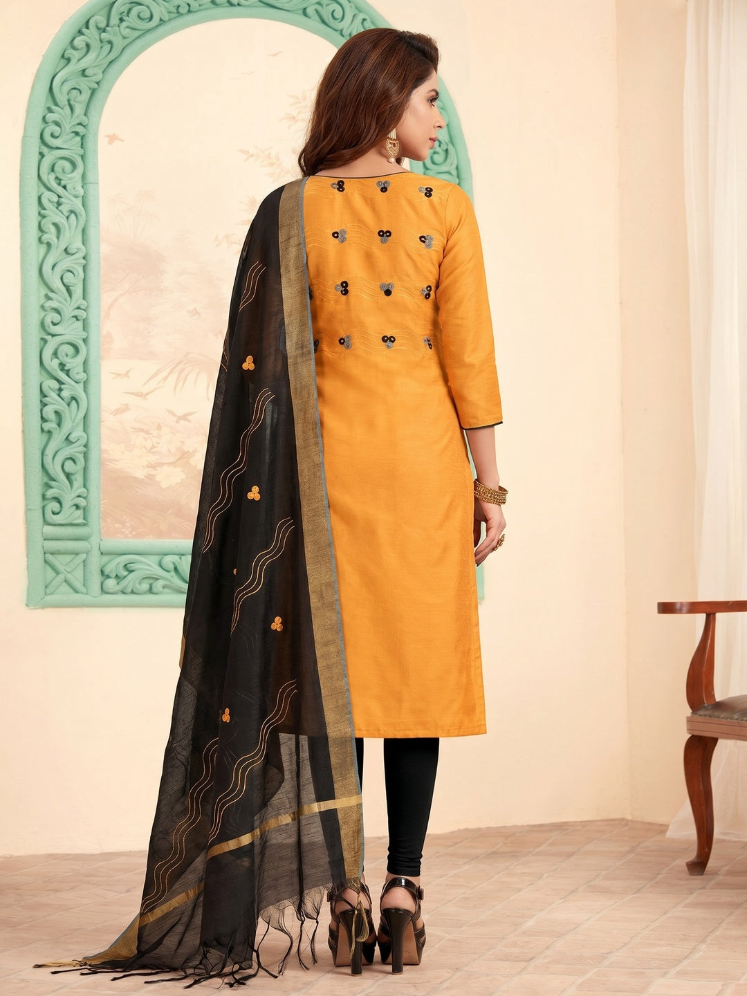Dazzling Yellow Colored Casual Wear Embroidered Cotton Dress Material - Image 1