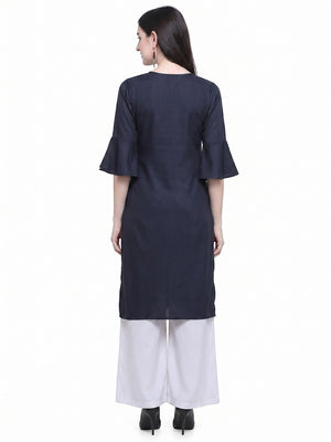 Exotic Navy Blue Colored Casual Wear Embroidered Rayon Kurti-Palazzo Set - Image 2