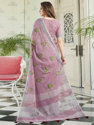 Glorious Pastel Purple Colored Casual Wear Floral Embroidered Linen-Cotton Saree With Tassels - Image 2