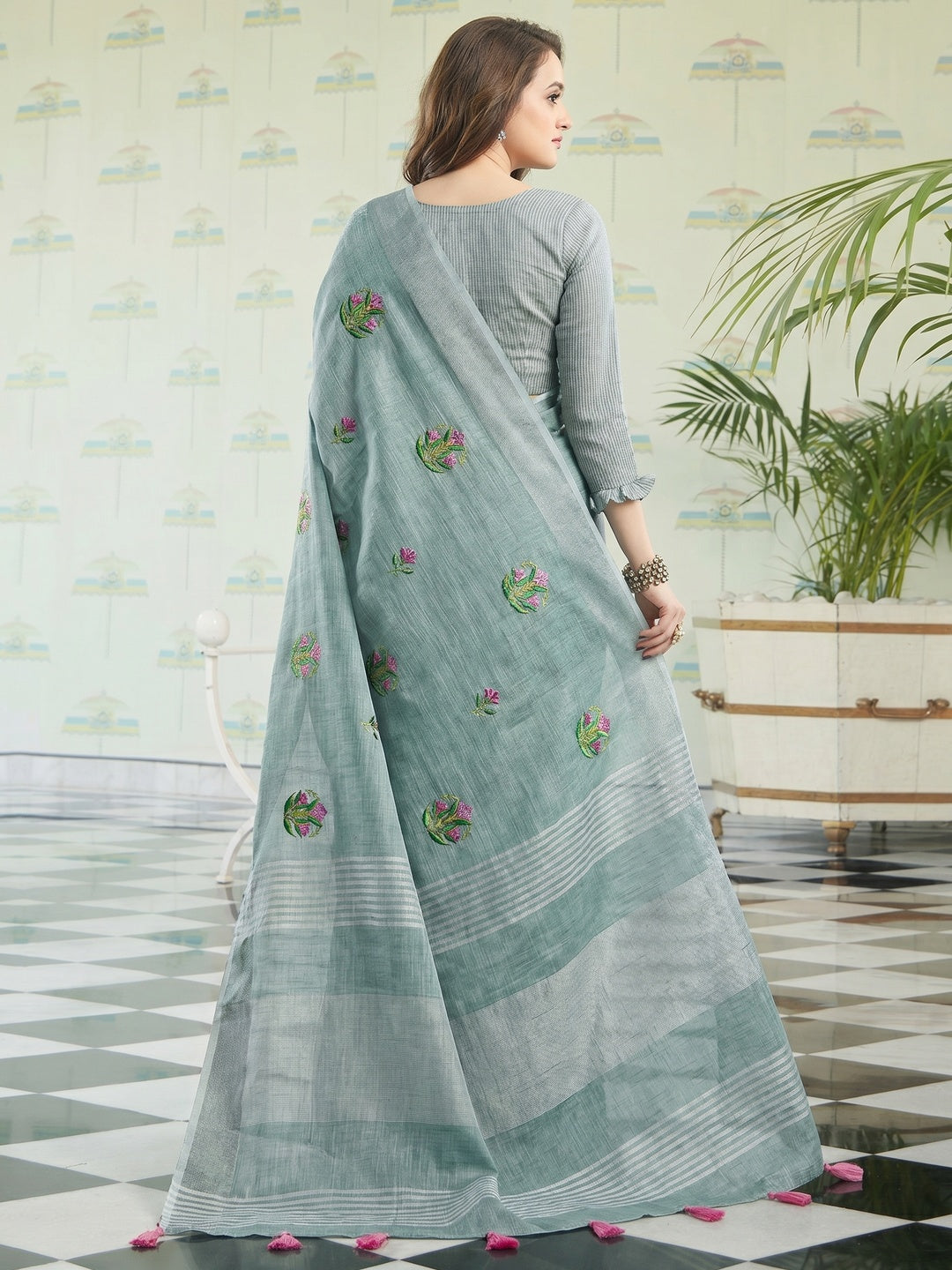 Intricate Pastel Blue Colored Casual Wear Floral Embroidered Linen-Cotton Saree With Tassels - Image 3