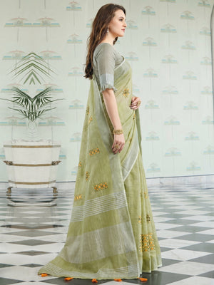 Arresting Pastel Green Colored Casual Wear Floral Embroidered Linen-Cotton Saree With Tassels - Image 1