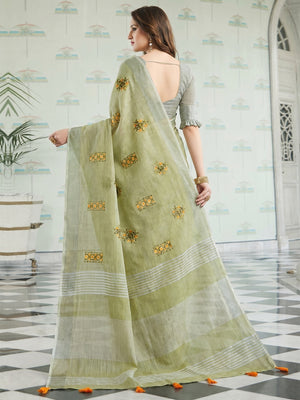 Arresting Pastel Green Colored Casual Wear Floral Embroidered Linen-Cotton Saree With Tassels - Image 2