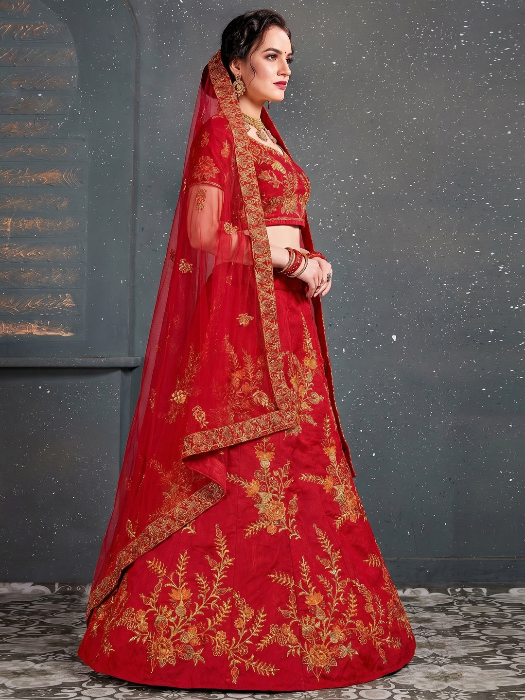 Demanding Red Colored Wedding Wear Embroidered Silk Lehenga Choli - Image 1