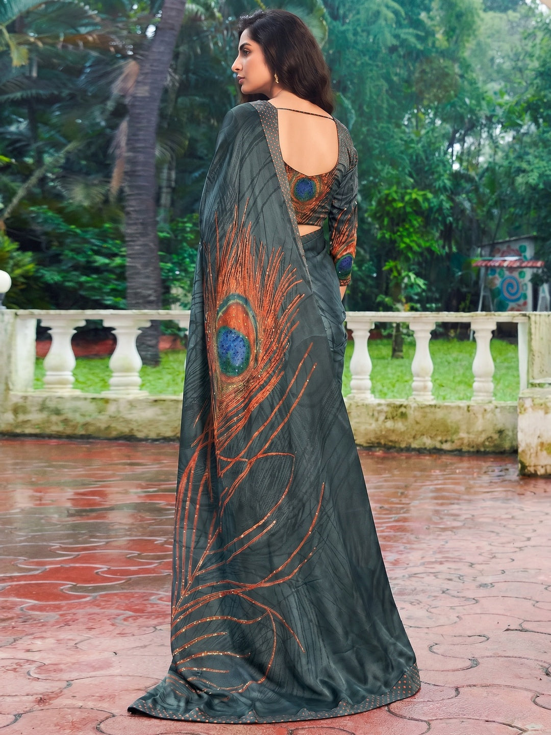 Prominent Grey Colored Party Wear Printed Silk Saree - Image 1