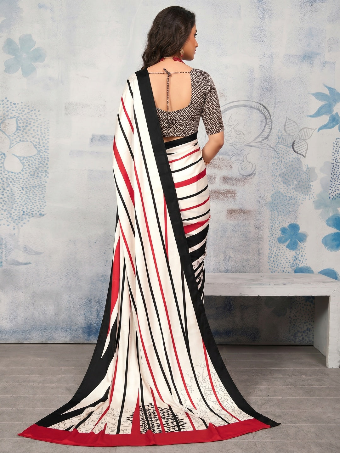 Multicolor Printed Half-Half Satin Saree - Image 1