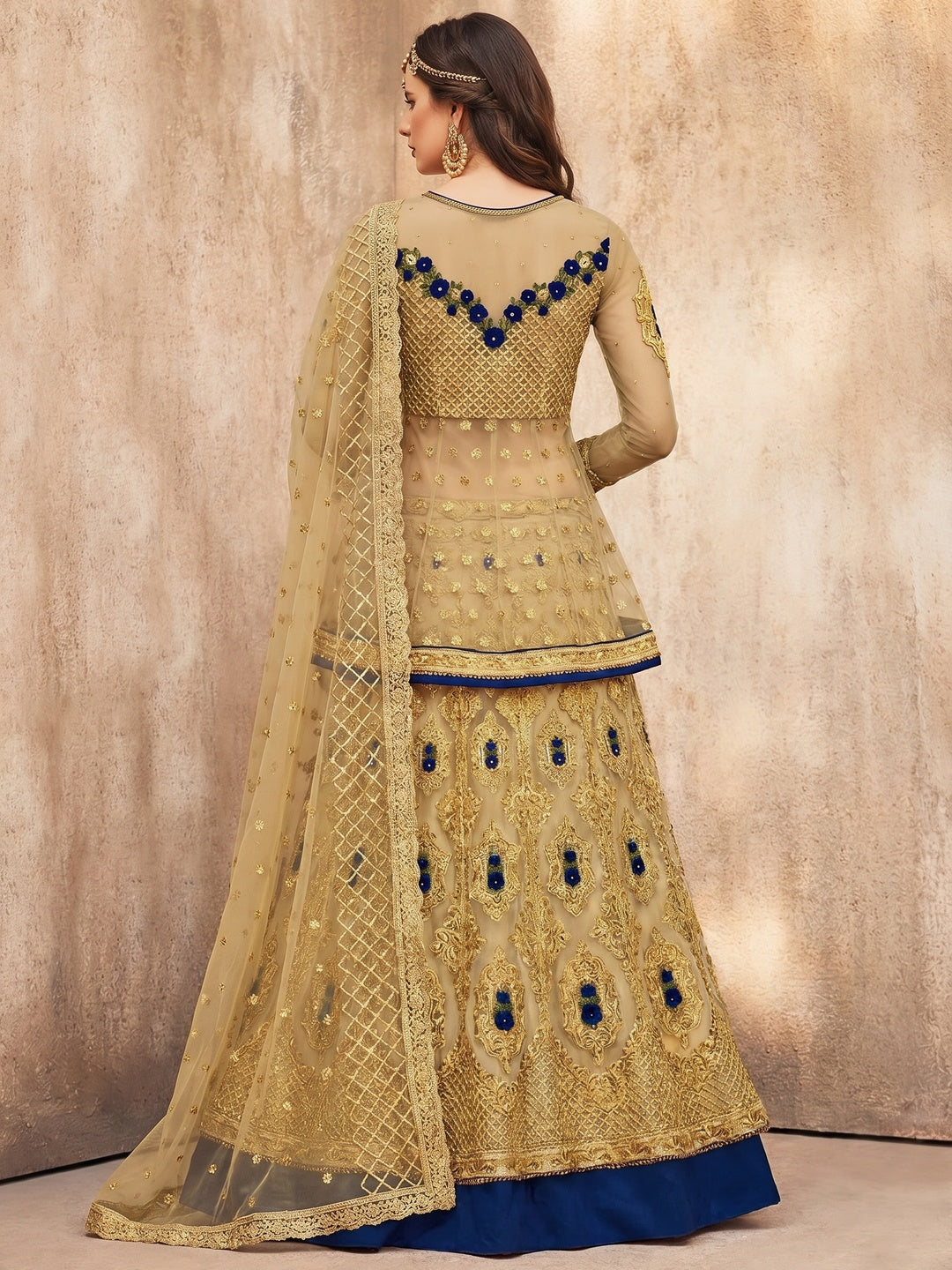 Trendy Golden-Navy Blue Colored Party Wear Embroidered Net Lehenga Choli - Image 1