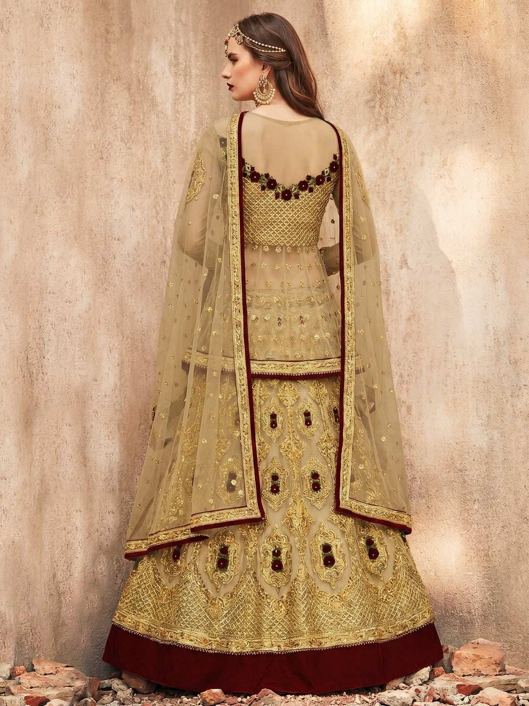 Elegant Golden-Brown Colored Party Wear Embroidered Net Lehenga Choli - Image 1