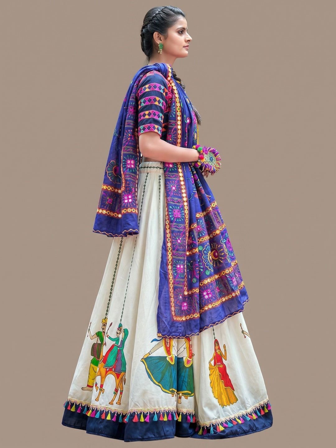 Desirable White-Blue Colored Party Wear Embroidered Soft Cotton Navratri Lehenga Choli - Image 1