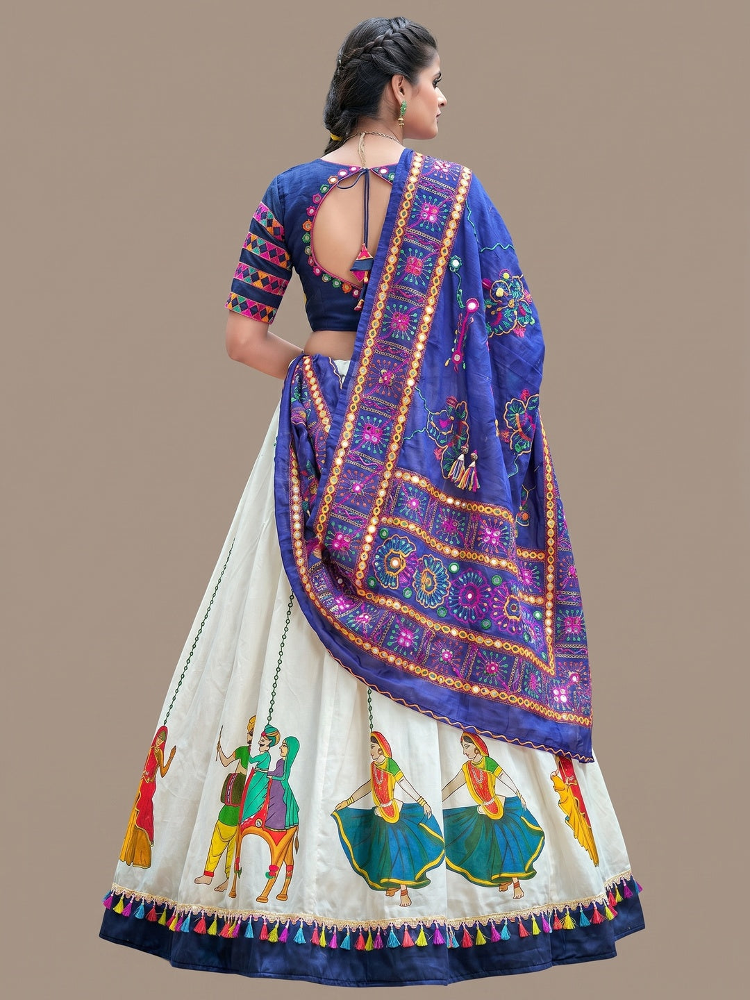 Desirable White-Blue Colored Party Wear Embroidered Soft Cotton Navratri Lehenga Choli - Image 2
