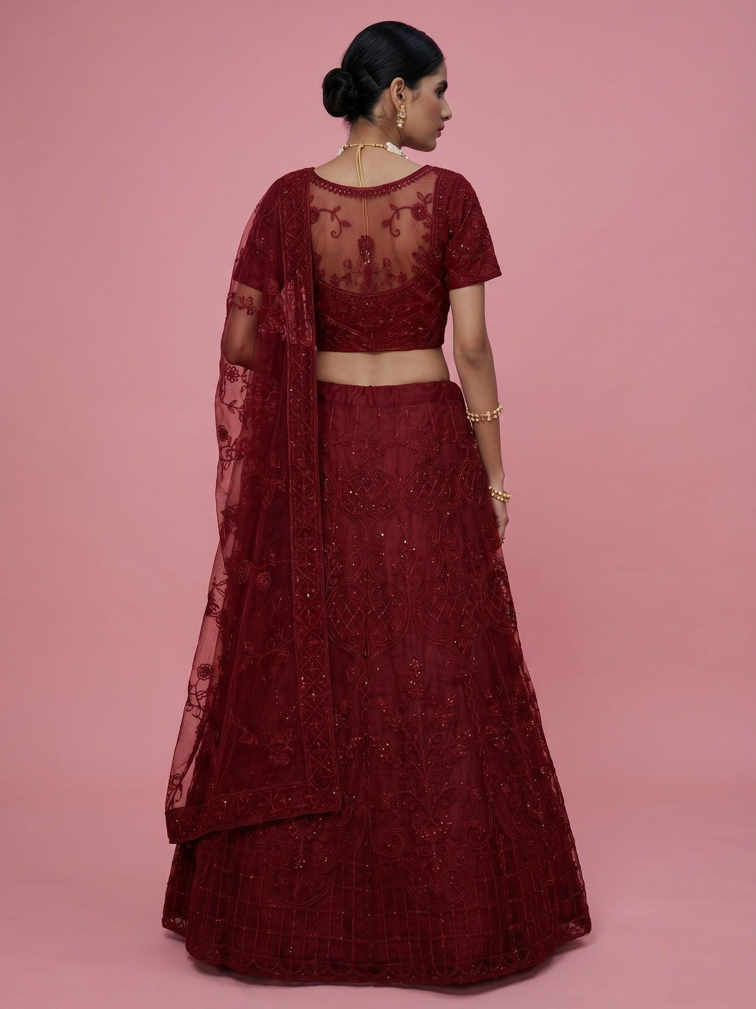 Trendy Maroon Colored Party Wear Embroidered Net Lehenga Choli - Image 1