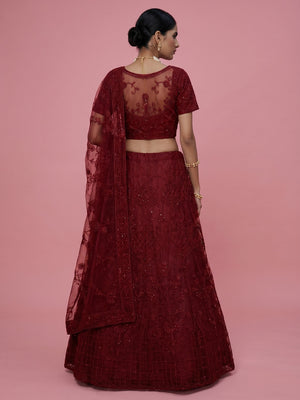 Trendy Maroon Colored Party Wear Embroidered Net Lehenga Choli - Image 1