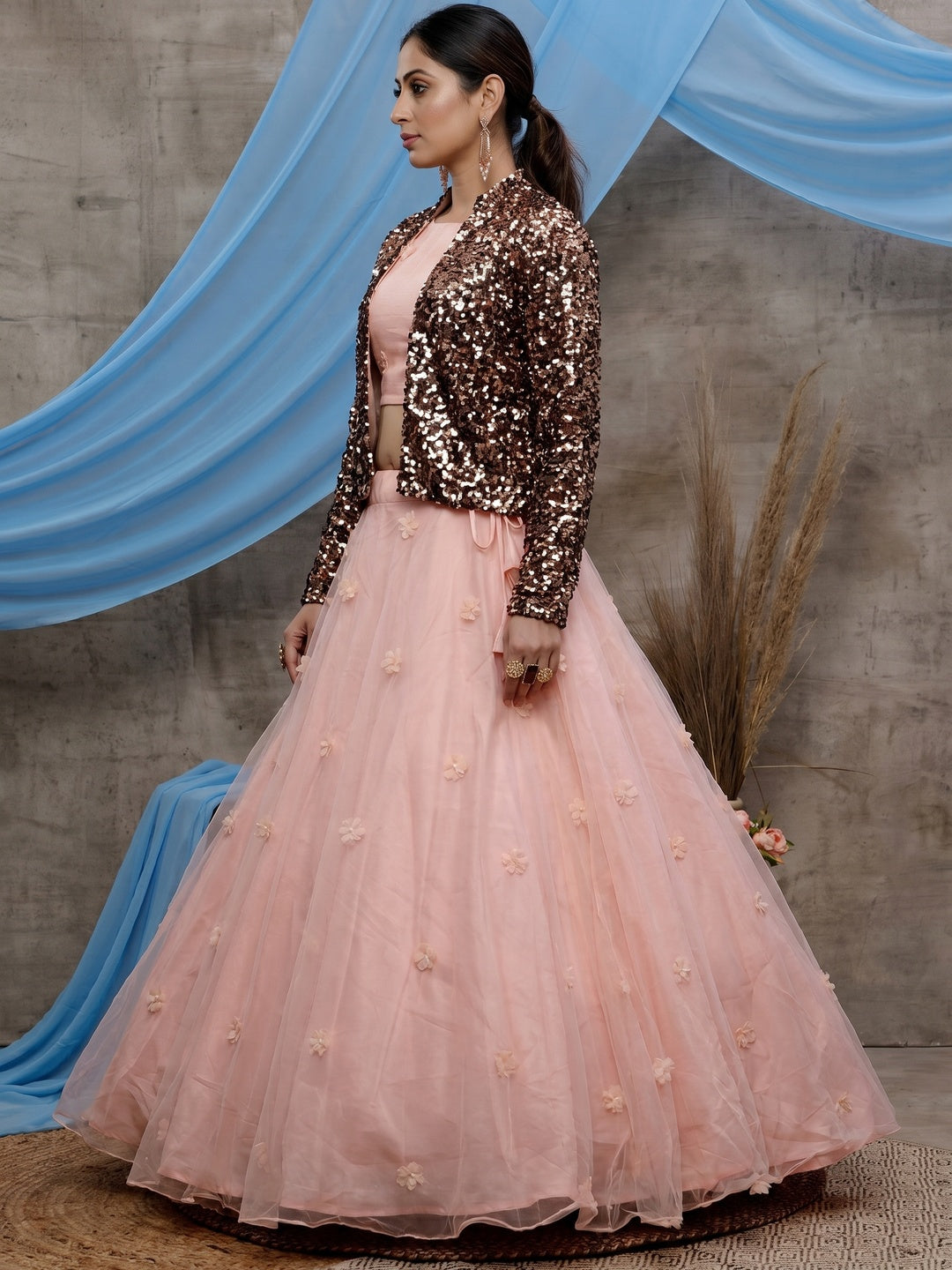 Captivating Peach-Black Colored Party Wear Embroidered Net Lehenga Choli - Image 1
