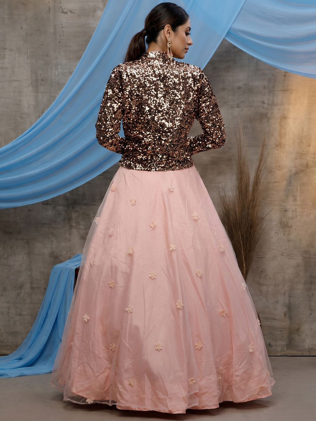 Captivating Peach-Black Colored Party Wear Embroidered Net Lehenga Choli - Image 2