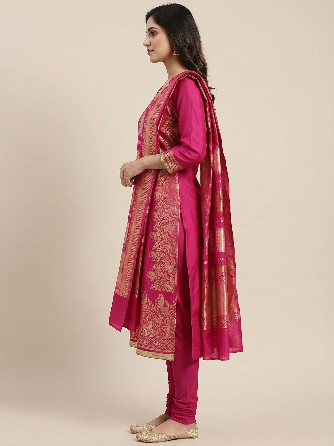 Mesmeric Dark Pink Colored Festive Wear Woven Heavy Banarasi Silk Dress Material - Image 3