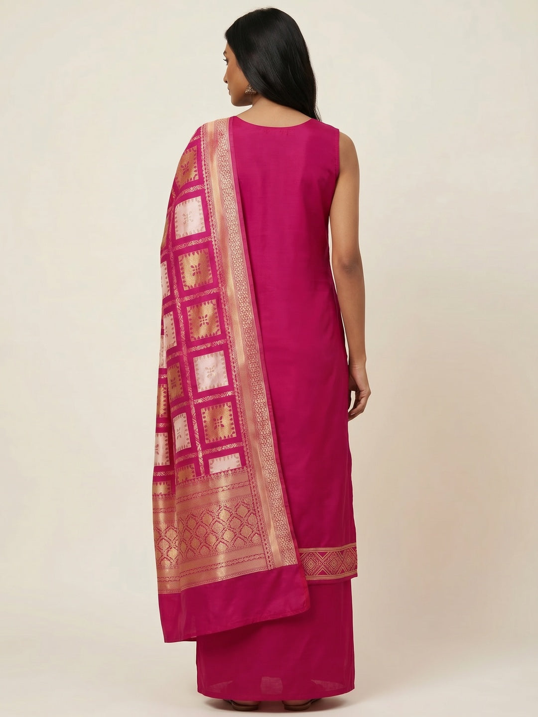 Mesmeric Dark Pink Colored Festive Wear Woven Heavy Banarasi Silk Dress Material - Image 2