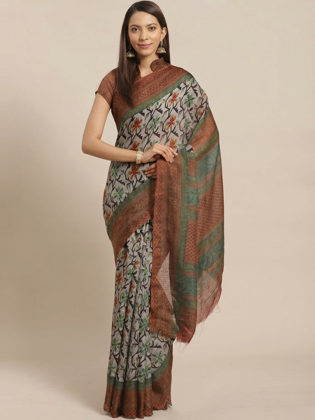 Arresting Grey - Brown Colored Casual Wear Printed Silk blend Saree - Image 1