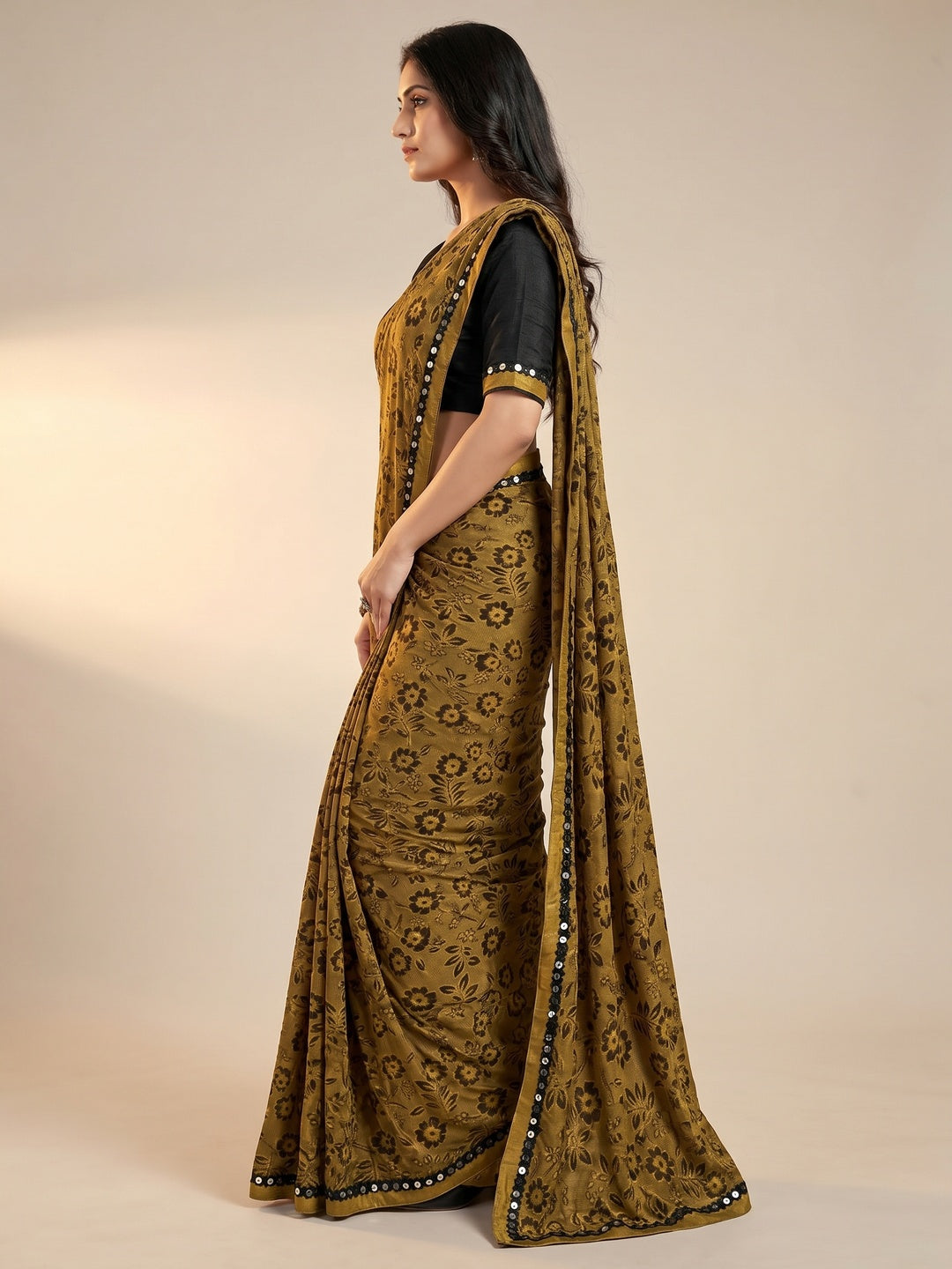 Eye-catching Mustard Colored Festive Wear Floral Woven Art Silk Saree - Image 3