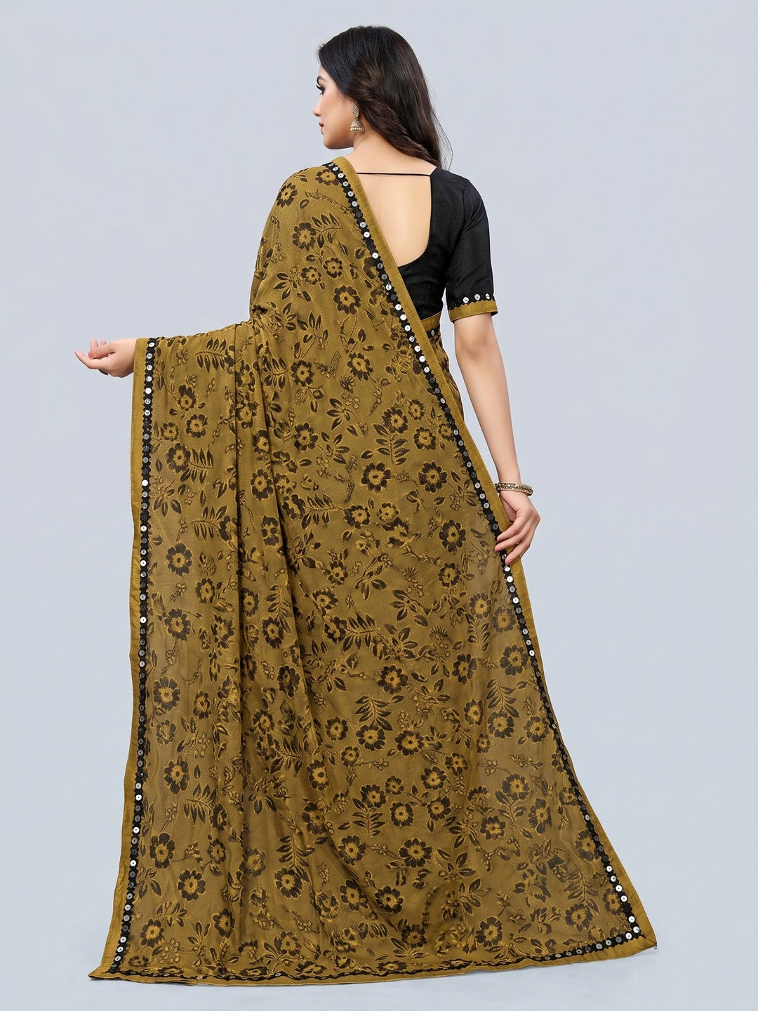 Eye-catching Mustard Colored Festive Wear Floral Woven Art Silk Saree - Image 4