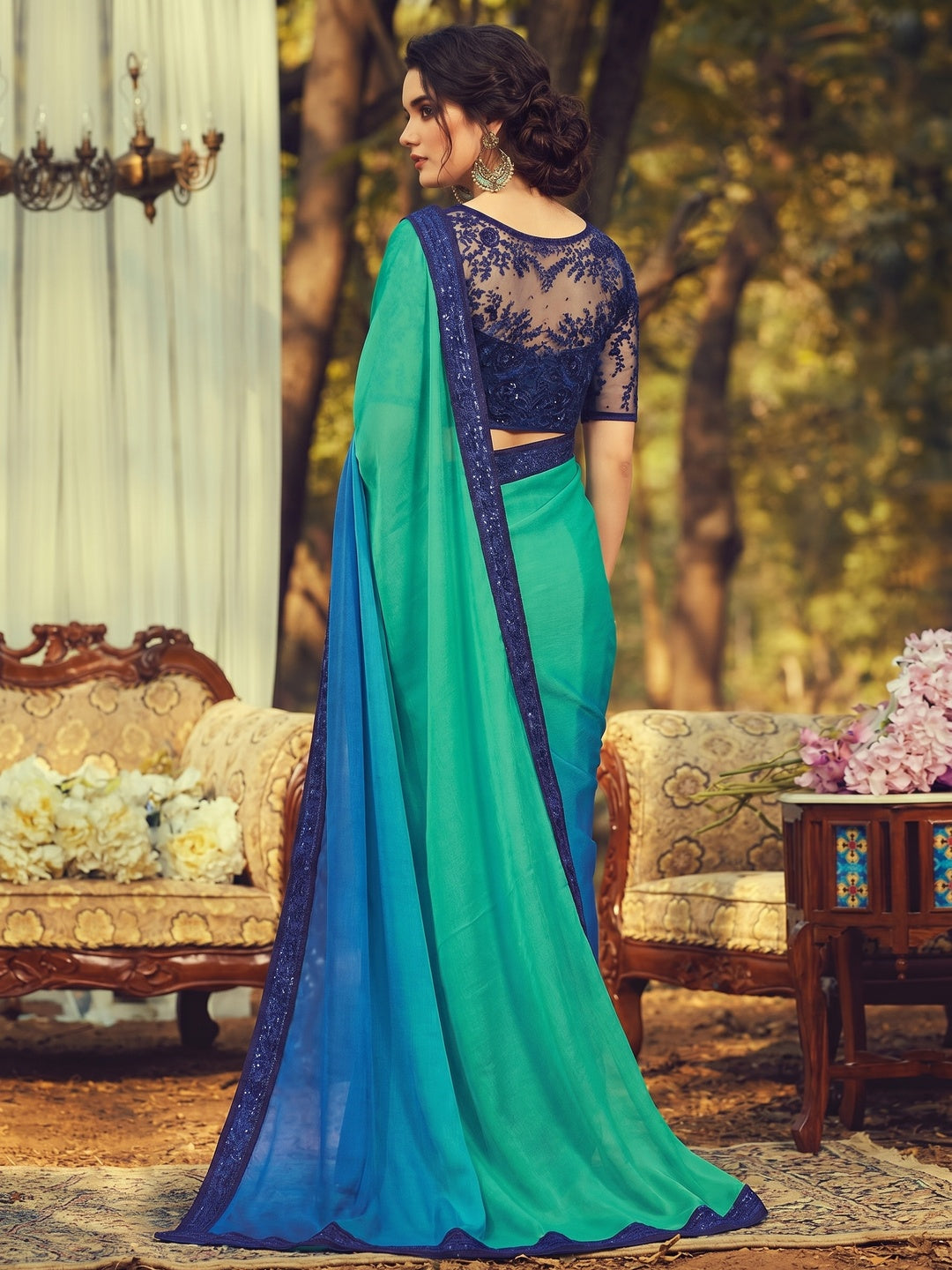 Exclusive Turquoise Green - Blue Colored Partywear Embroidered Silk Saree - Image 1