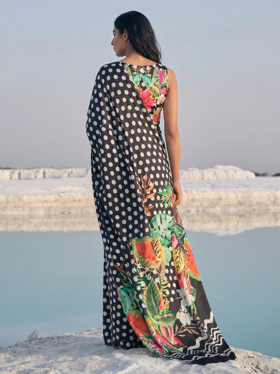 Flaunt Black Colored Partywear Digital Printed Japan Satin Crepe Saree - Image 1