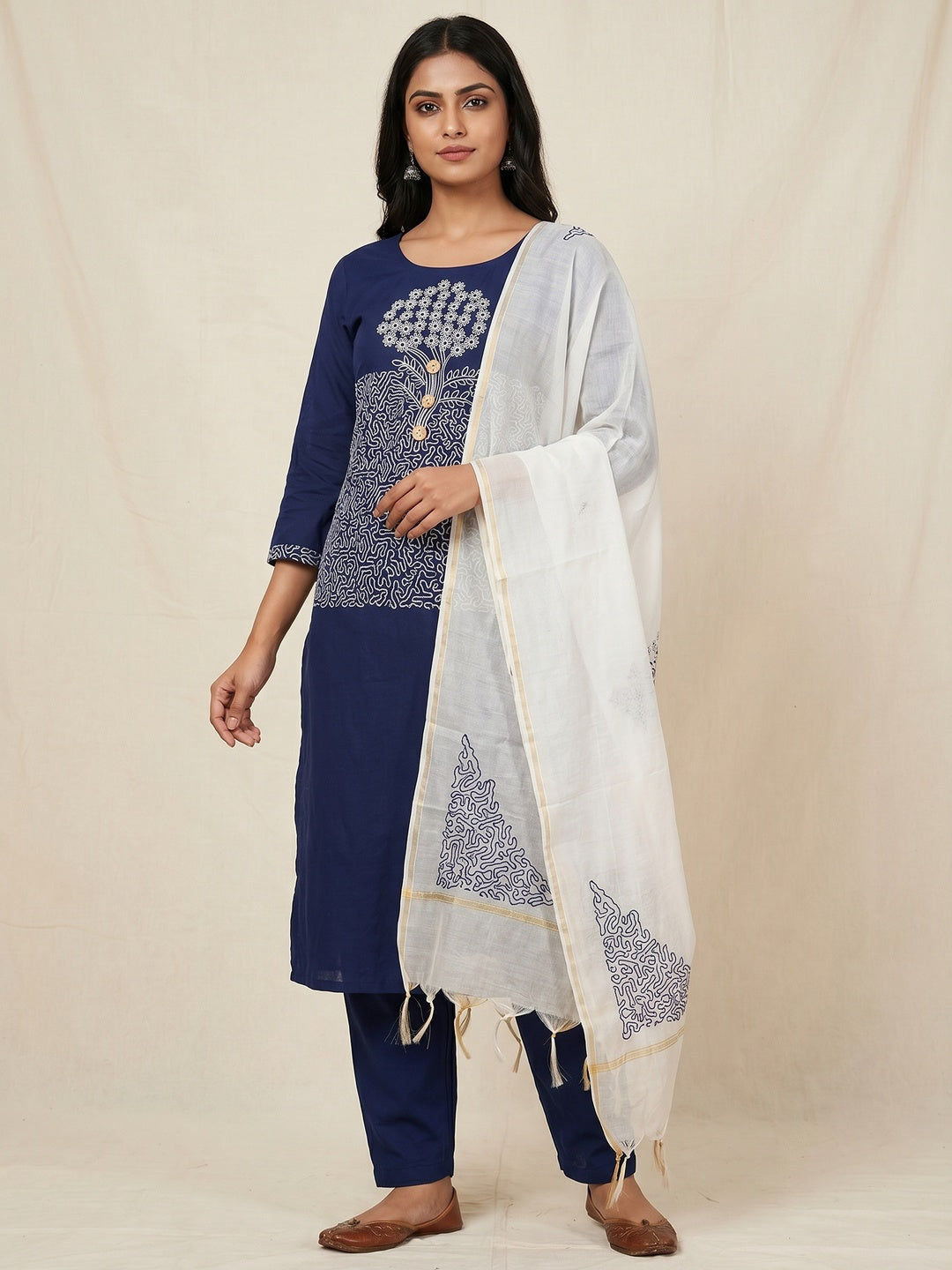 Navy Blue Embroidered Cotton Blend Dress Material - Image 1
