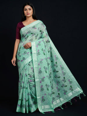 Adorning Sea Green Coloured Floral Print Casual Wear Striped Pattern Cotton Saree - Image 1