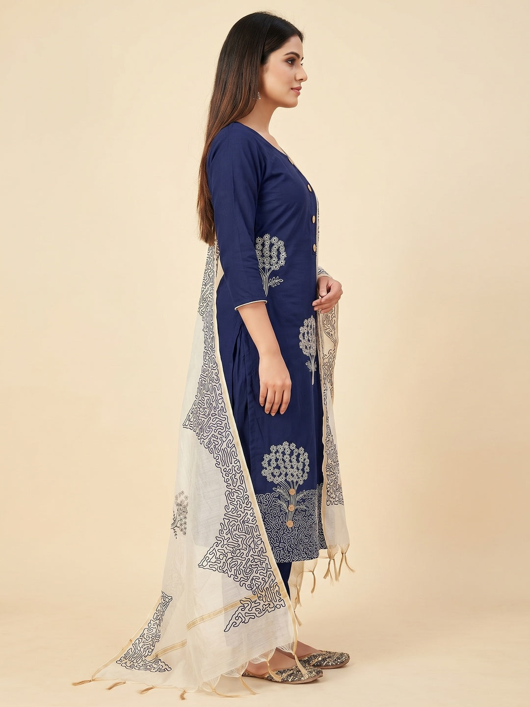 Navy Blue Embroidered Cotton Blend Dress Material - Image 2