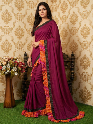Glorious Wine Colored Partywear Solid Vichitra Silk Saree With Bandhani Print Ruffle - Image 1