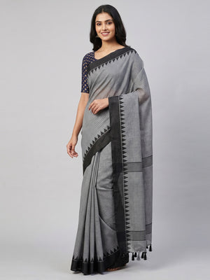 Grey lining Pattern Cotton Blend Saree - Image 1