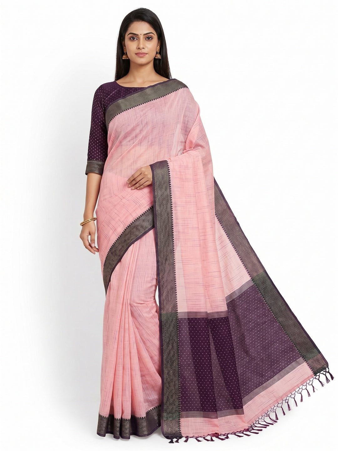 Captivating Pink Colored lining Pattern Casual Wear Cotton Saree - Image 1