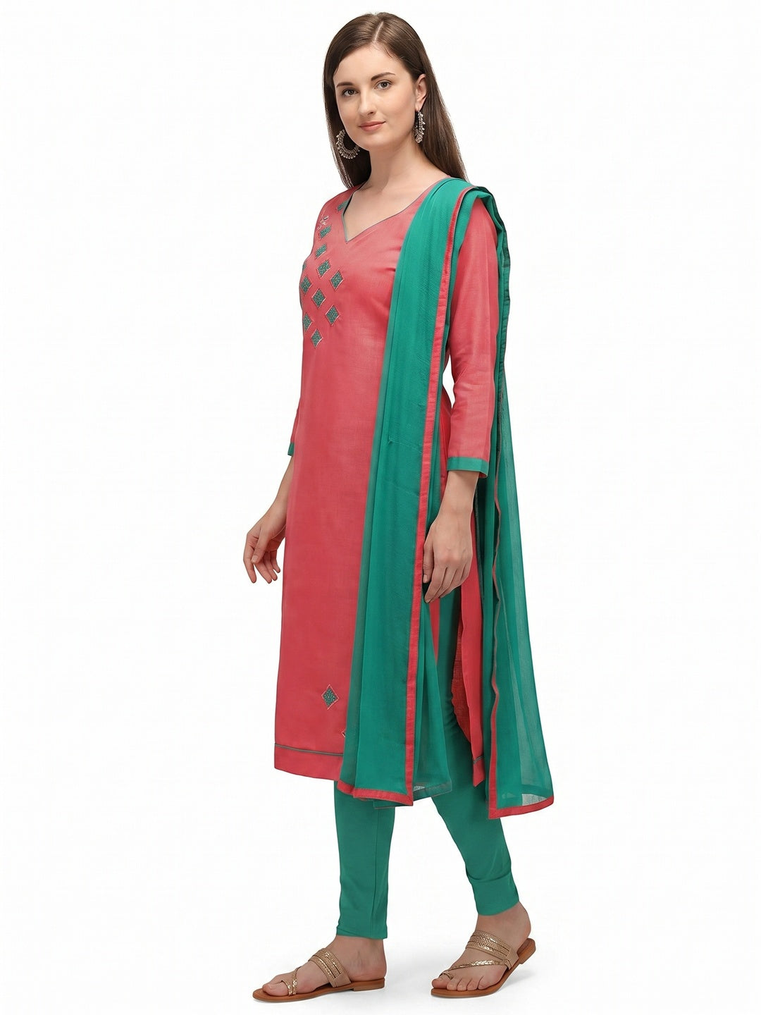 Exclusive Peach Coloured Embroidered Casual Wear Cotton Dress Material - Image 1