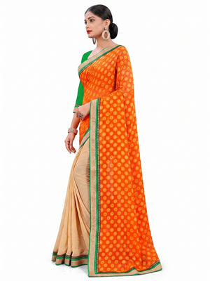 Graceful Orange-Beige Colored Party Wear  Georgette Half-Half Saree - Image 1