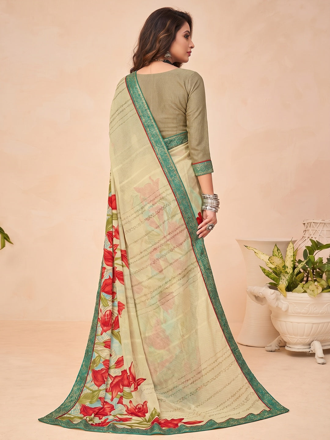 Pleasance Beige Coloured Casual Wear Printed Crepe Saree - Image 1
