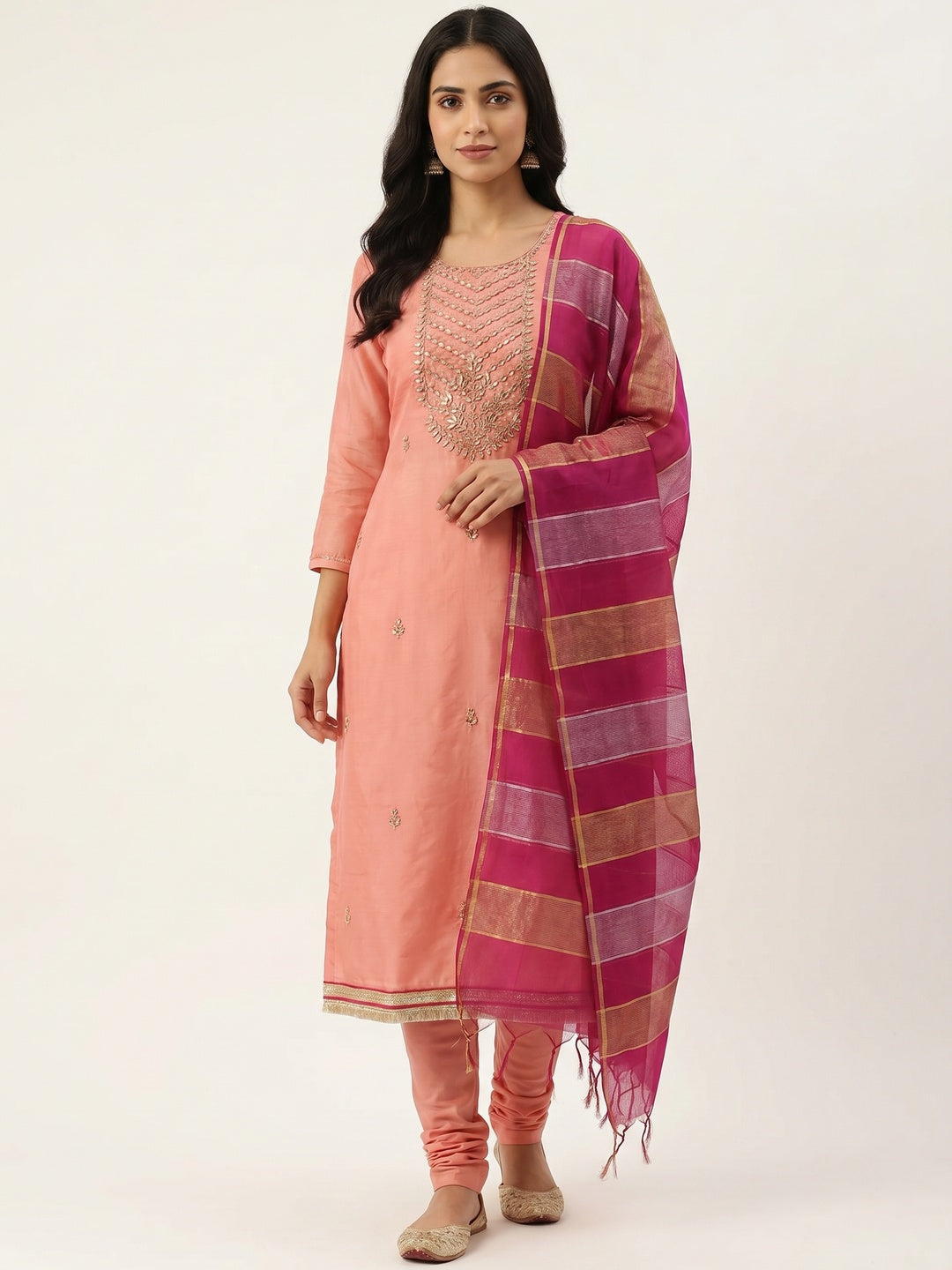 Unique Peach Colored Festive Wear Handwork Modal Chanderi Dress Material - Image 1